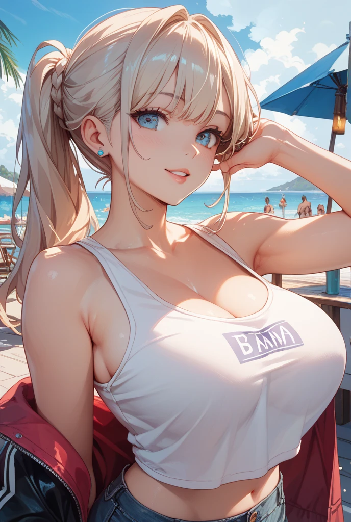 ((Highest quality, 8k, masterpiece :1.3)), One girl, Beautiful woman with slim abdominal muscles :1.3, (Random Hairstyles, Huge breasts :1.2), Oversized tank top :1.2, Highly detailed face, Fine grain, double eyelid
