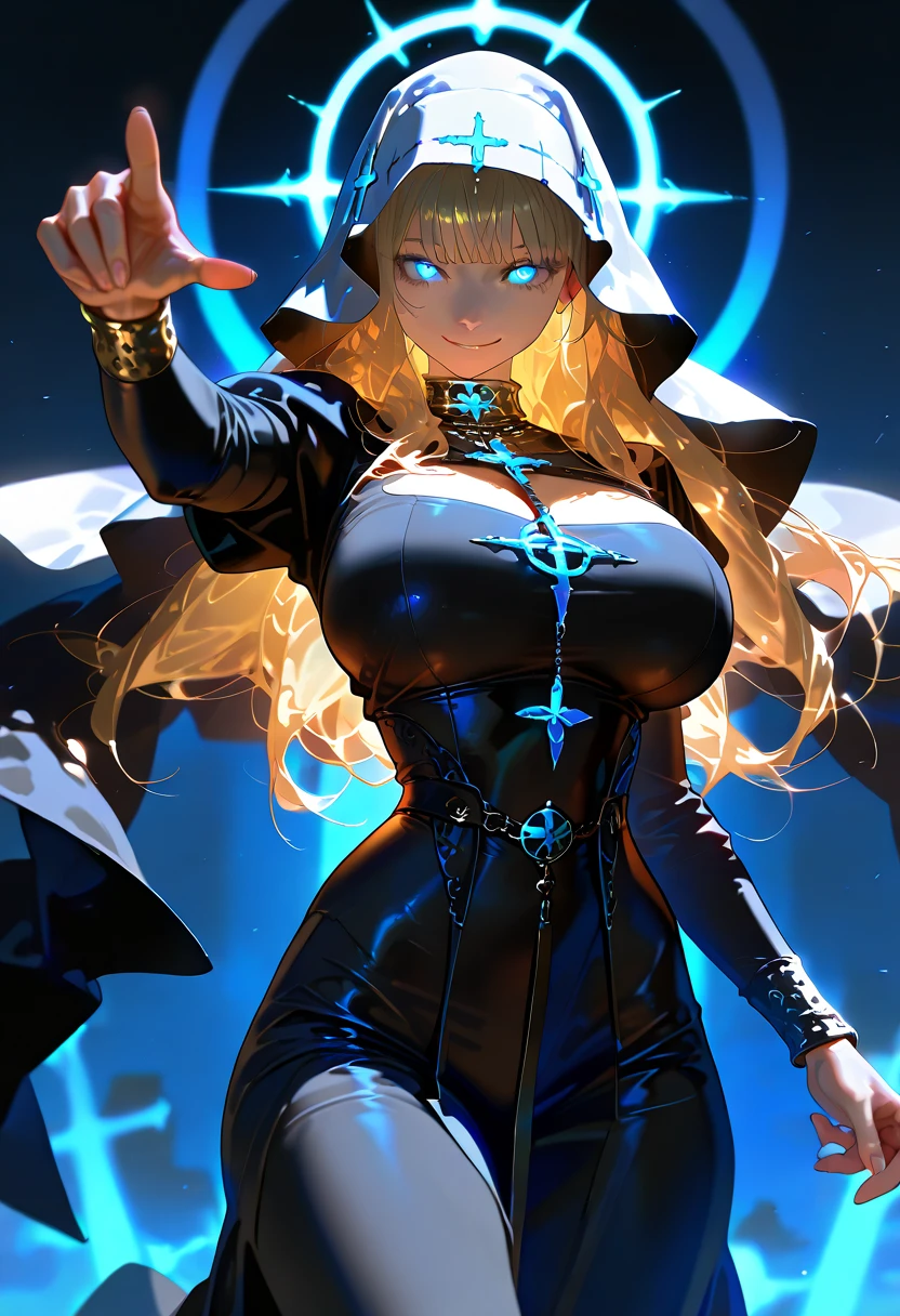 woman in short clothes with long blonde hair and green eyes, with several orbs of light around her, manipulating black magic in one of her hands, dark apocalyptic scene background