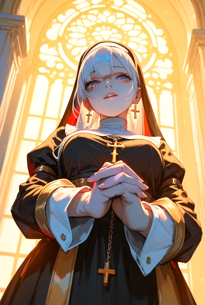 (masterpiece, best quality:1.3), 1girl, white fox ears, short height, white hair, (very long hair), hair over one eye, red eyes, sharp eyelash, sharp eyes, small breast, nun cassock, black garter belt, small breast, cross necklace, church, cowboy shot, sidelighting, dymamic angle