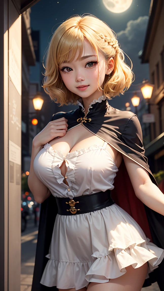 girl walk through narrow red matte plaster walls, BREAK, 1girl, wide hat, off-shoulder zipper long dress, (puff sleeve:1.2), ruffle trimmed, outdoor, night, moon, clock tower, street lamps, masterpiece, best quality, 4k, smile, red cheeks, perfect lighting, red gauntlets, (body armor:1.2), bob white hair, red eyes, looking at viewer, gigantic breasts,