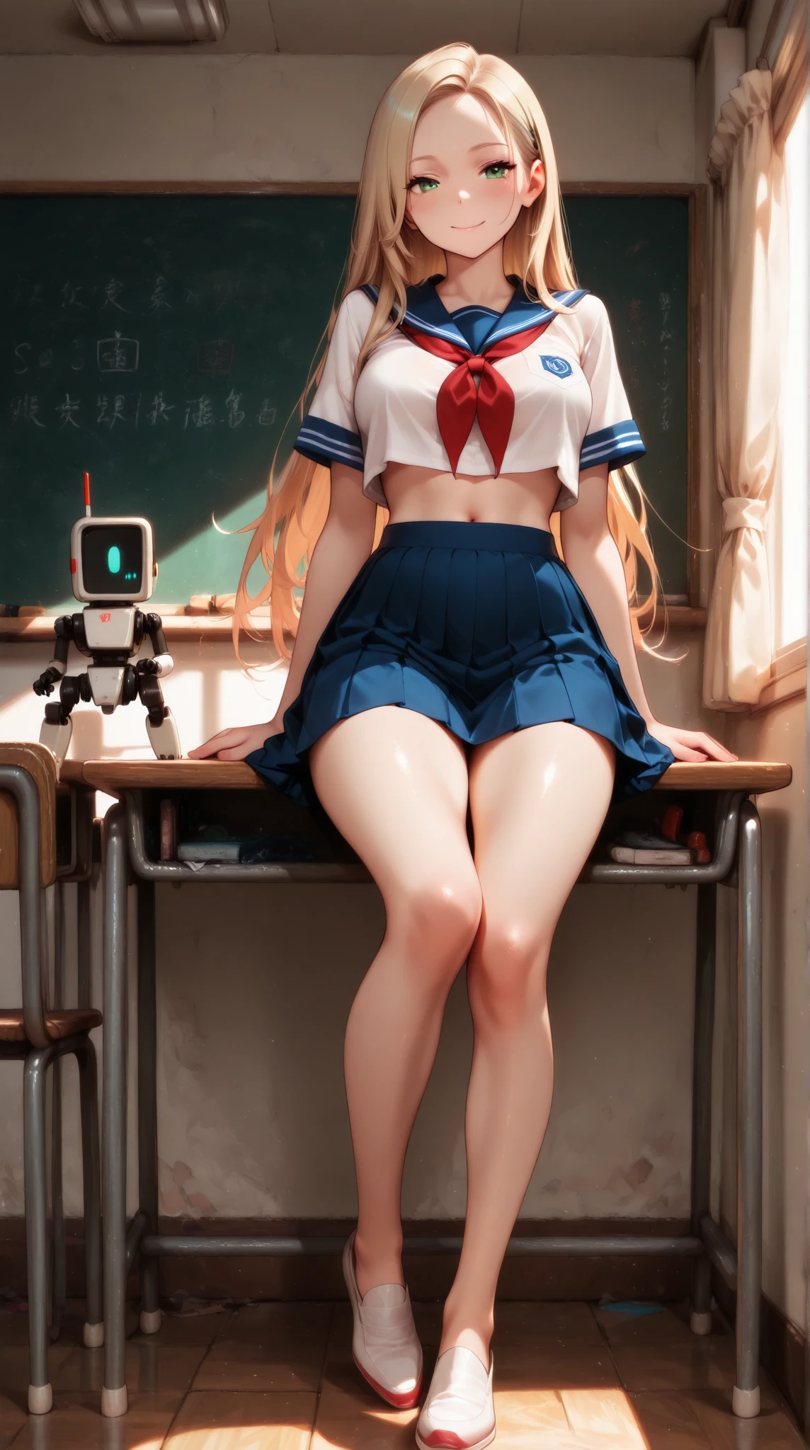8k,one-girl,slim,Fair skin,blond hairbl,blue eyes,Long legs,mideum breasts,cleavage,Cocked buttocks,white Heels,Sit Pose,spread their legs,Classroom,classroom desk,blackboards,Realistis,facing at camera