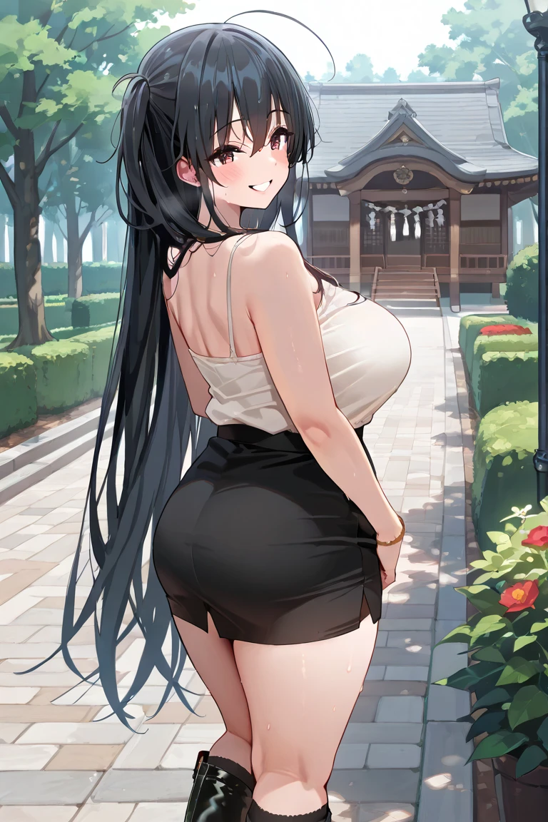 Long black hair, ponytail, white eyes, big ass, big breast, turtleneck knit, hiking.