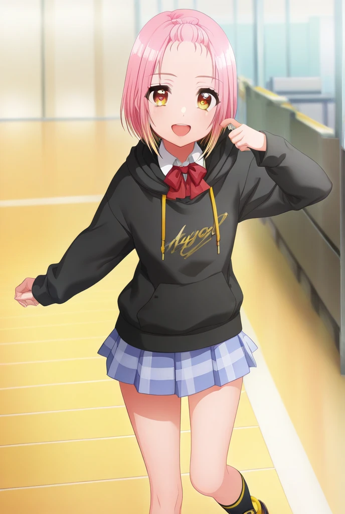 curly hair, curlers, light pink hair, upturned hair, a flower ornament in her hair, dark blue eyes, cute, beautiful, sport suit, open jacket