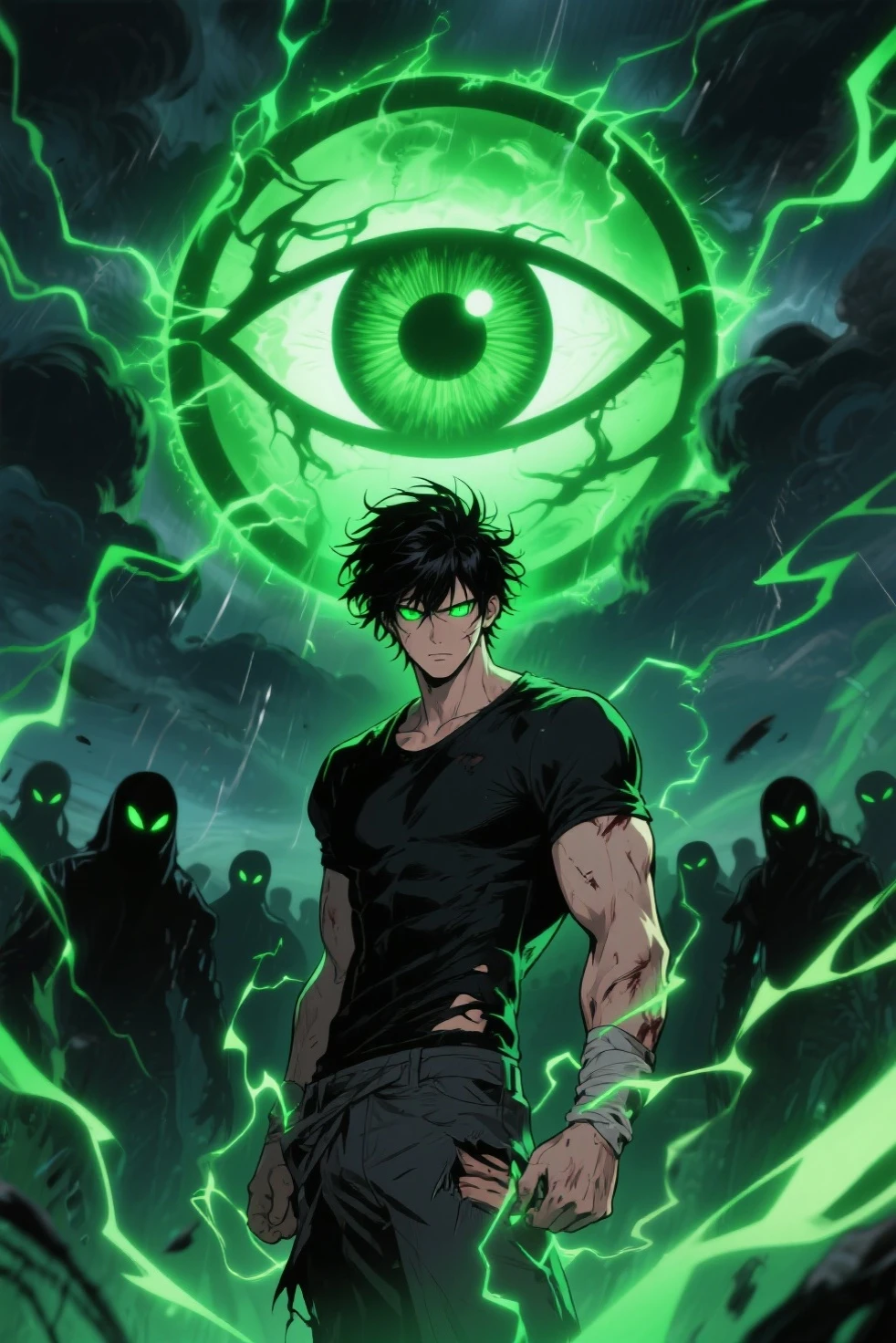 anime man with a dark and brooding demeanor, with glowing green eyes and a malicious grin,  into a powerful computer  with visible electric currents flowing through his body, while ominous shadows surround him, (sinister:1.2), (dark and moody lighting), (ominous atmosphere), (contrast between light and darkness)
