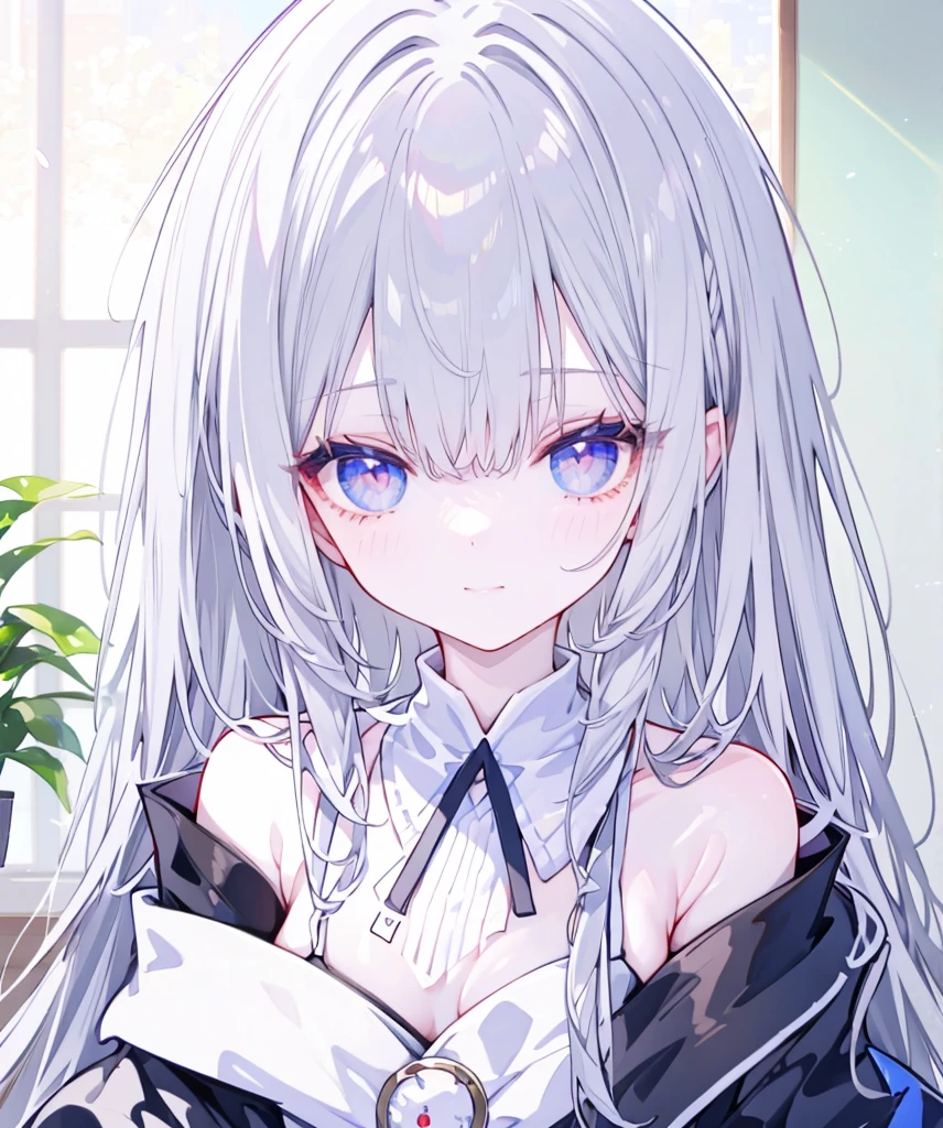 Long Hair, Silver Hair, bangs, blue eyes, Hair between the eyes,Large Breasts,Blushing,Open your mouth