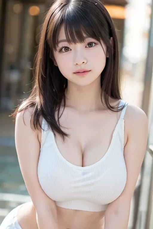 Innocent 20 year old girl、one girl,((Oversized white T-shirt,Dramatic poses)),Smile,short-cut,Park background、Raw photo, (8K、top-quality、masterpiece:1.2)、(intricate detailes:1.4)、(Photorealsitic:1.4)、octane renderings、Complex 3D rendering ultra detail, Studio Soft Light, Rim Lights, vibrant detail, super detailing, realistic skin textures, Detail Face, Beautiful detail eyes, Very detailed CG Unity 16k wallpaper, make - up, (detailedbackground:1.2), shinny skin, Full body、From head to thigh、cleavage of the breast,((getting on all fours、stick out buttocks、Put your hands on the ground))、Large Breasts,Black sleeveless shirt