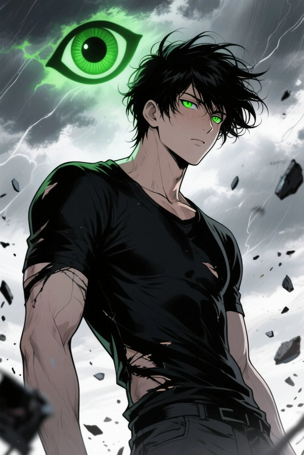 (masterpiece), Maki, 1girl, solo, looking at viewer, short hair, shirt, green hair, 1boy, holding, bare shoulders, weapon, ass, male focus, sleeveless, looking back, pants, sword, twitter username, from behind, holding weapon, black shirt, sleeveless shirt, scar, holding sword, black pants, scar on face, over shoulder, weapon over shoulder, burn scar, sword over shoulder, <lora:Maki-05:1>