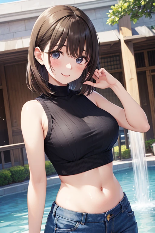 ((masterpiece, highest quality, High resolution, Hmm, Pixel perfect, Depth of written boundary, 4k, RTX, HDR))), 1 Girl, single, alone, Beautiful Anime Girls, 15 years old, Beautiful art style, Sunburned skin, anime character,,(Black hair,,Low twin tails),Black Eye, Narrow eyes, (Smooth texture:0.75, Realistic texture:0.65, Realistic:1.1, Anime CG Style), Medium breast,Perfect body ,(Black Tube Top), mini skirt, smile, Sunburned skin,,Vertical belly button、Skin radiance