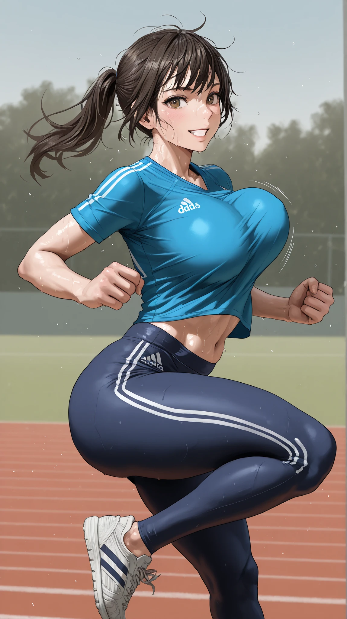 A girl's sports uniform,Running in the yard, in profile,A Little Sweat , dynamic pose, bouncing breasts,tight pants, looking at viewer, smiles, Adidas