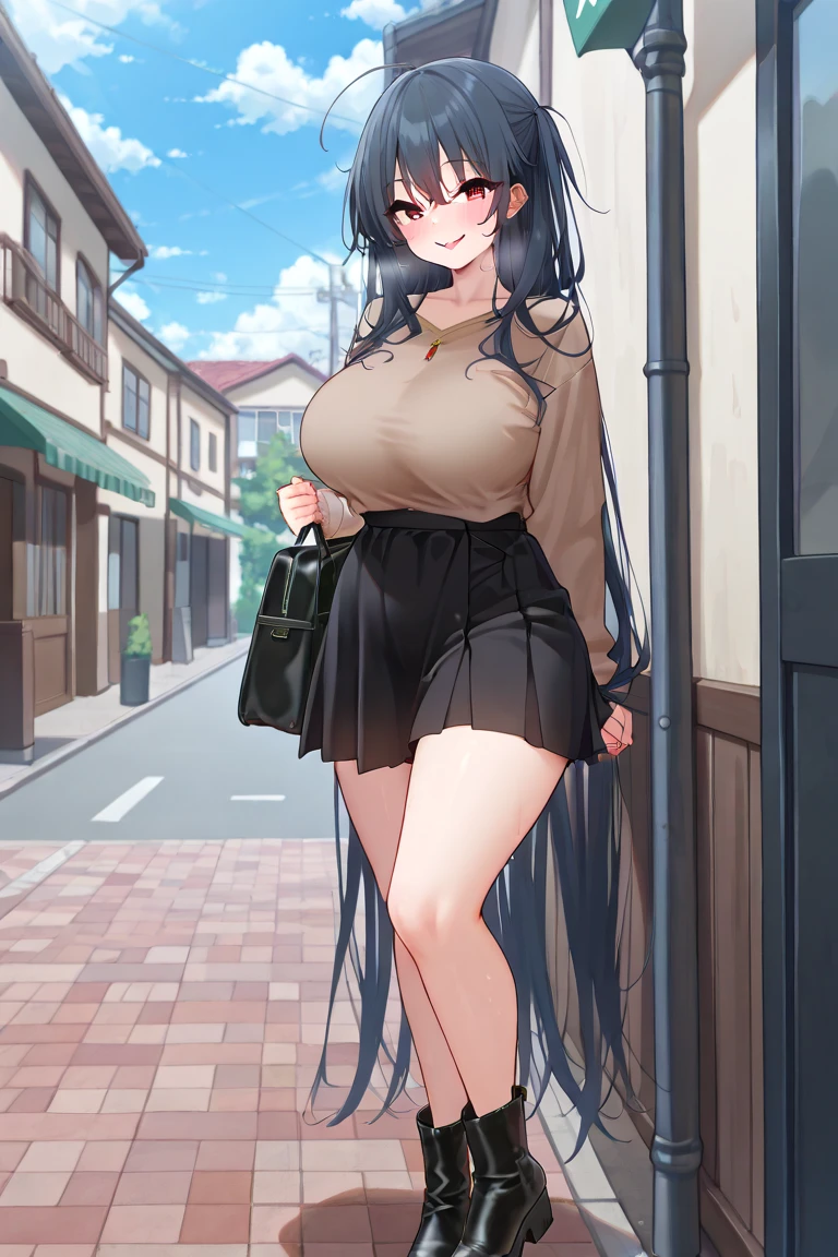 Young anime milf, long wavy black hair, long black hair, yellow eyes, full body, big tits, big breasts, big thighs, big waist, thick legs, thicc legs, small feet, small, short, short sexy body, curvy body, curvous body, curvy legs, slight abs, voluptous body, tight jeans, tight sleeveless pink tank top, sweating, cute