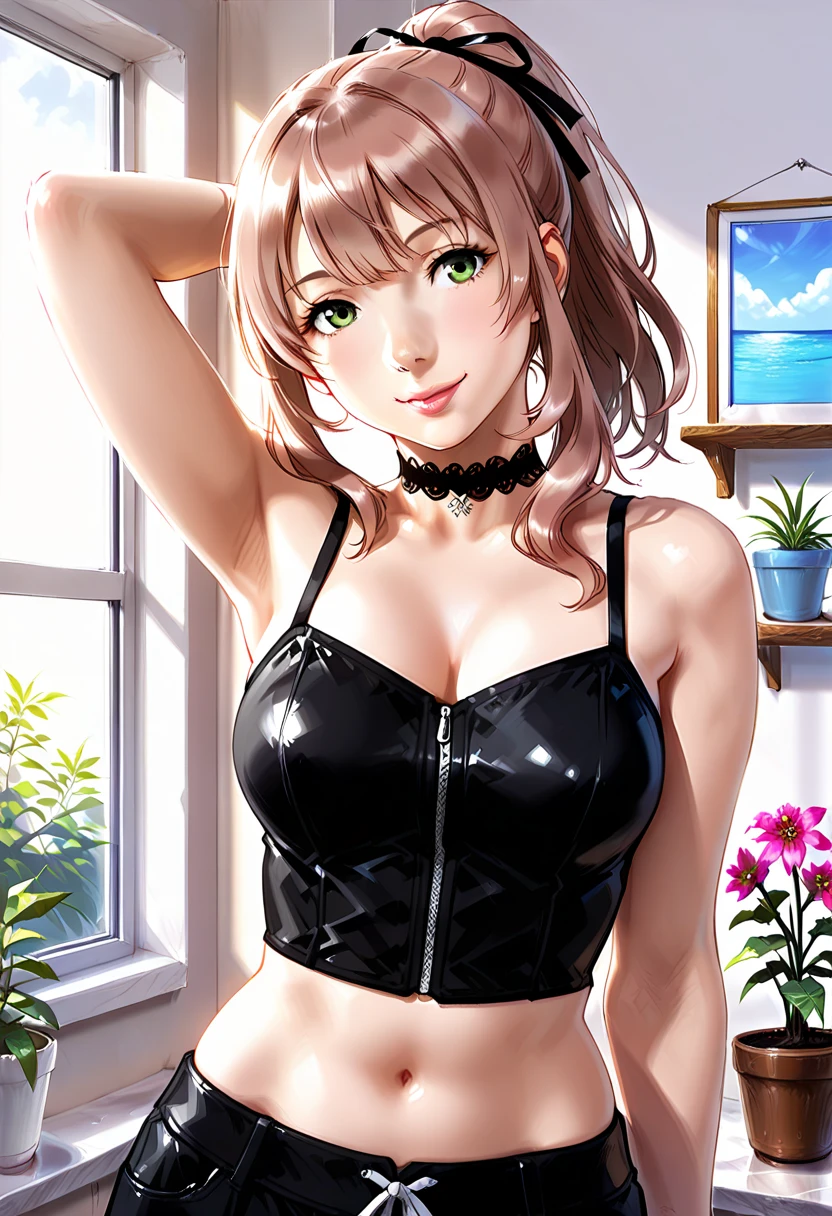 (huge breasts:1.2), (high-resolution), (sharp focus), (natural lighting), (fine detail enhancement), (noise reduction), (HDR effect), (contrast adjustment), (vibrant colors), (premium enhancement),(intricate details), ((Best quality, 8k, Masterpiece)), (shiny skin:0.5), (masterpiece, best quality, highres, high resolution:1.2), (full body:1.0), ((navel piercing:1.0)), (breasts bursting out:1.5), large full breasts, suspenders, Garter belt at the foot, Black Tank Top, skirt, Brown hair, Forehead, Central Department, Armpit sweat, Fold your hands behind your head,