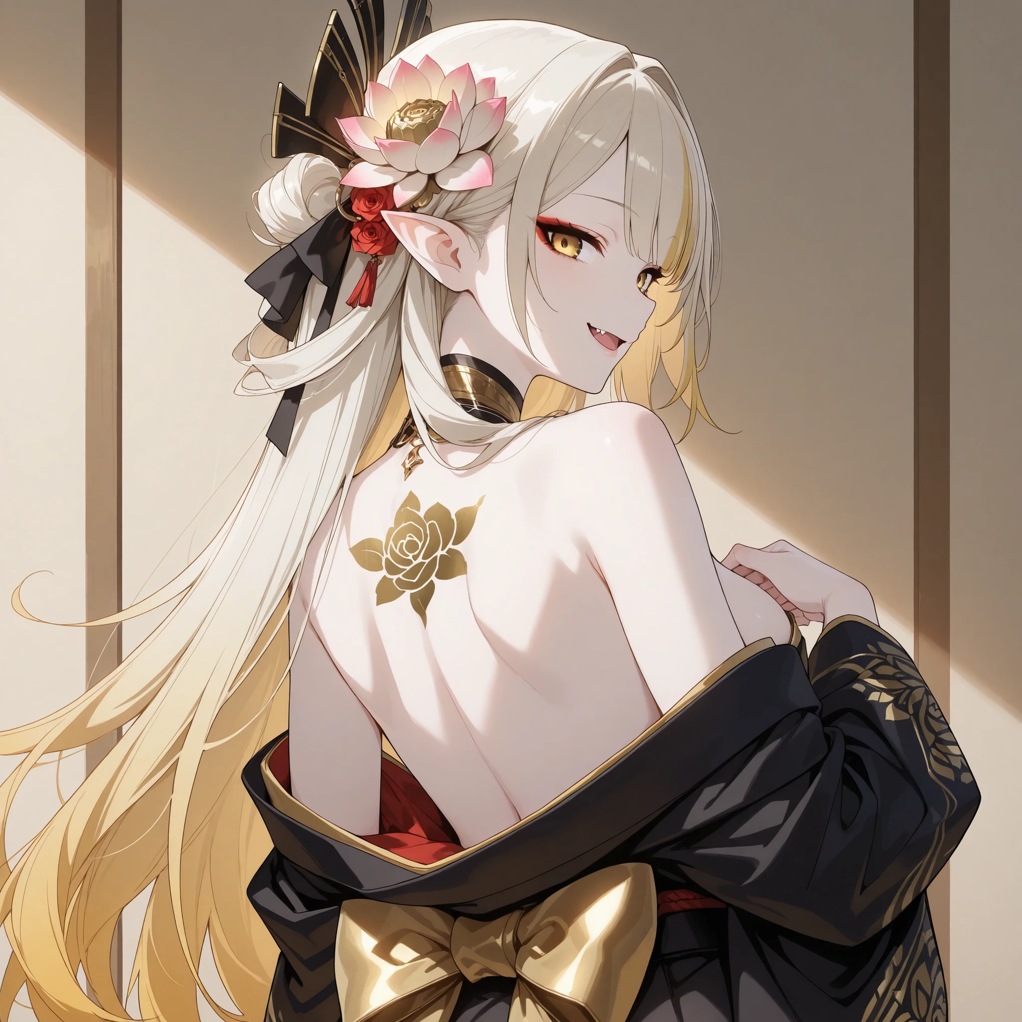 pale-blonde hair, Beautiful, Long Hair, (Rose gradient on hair), Golden Eyes with purple shade, black and gold kimono, cheeky, hair ribbon, alluring, fang, cunning, sly , sexy expression, Kitsune make-up, mature, eyeliner, pale hair, looking back, exposed back kimono, bare back kimono, (Lotus flowertattoo on back), flowy hair, standing, pale skin, lotus flower, yokai, pointy ears, lotus flower on hair