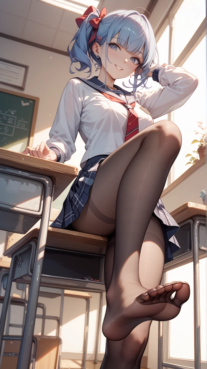 anime girl sitting on a desk with her legs crossed, beautiful anime girl squatting, a hyperrealistic , seductive anime girl, hyperrealistic , realistic , beautiful anime high school girl, cute , smooth anime cg art, beautiful alluring anime , the anime girl is crouching, attractive anime girl, school girl, sitting on a desk, (masterpiece), best quality, expressive eyes, perfect face, 1girl, solo, rintohsaka, rin tohsaka, aqua eyes, black hair, hair ribbon, long hair, ribbon, sidelocks, two side up, black skirt, black thighhighs, long sleeves, miniskirt, pleated skirt, ((red sweater)), skirt, sweater, thighhighs, turtleneck, city background, sitting, character sheet, upper body, portrait, looking at viewer, big , big tits, thicc, gaze looking at the camera, white sock colors,