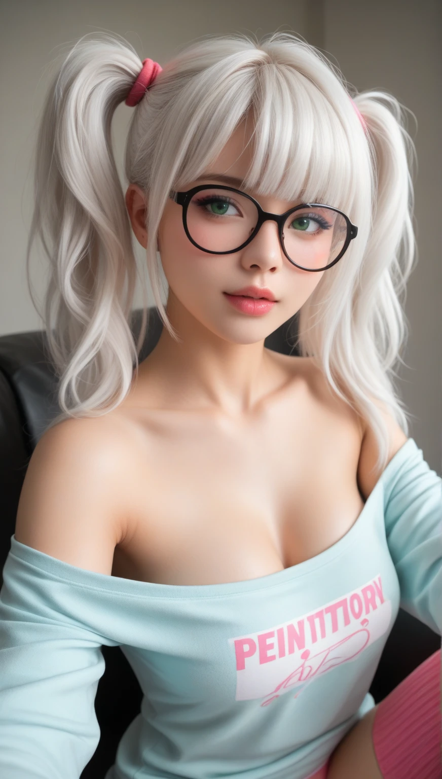 (completely nude), (Highest quality), (Ultra-high resolution), (Realistic), 1girl, (cute), (sauna), white hair, lipstick, eyeshadow, eyeliner, choker, (red rim glasses), ((Sweaty skin)), ((spread legs, legs up)), abs