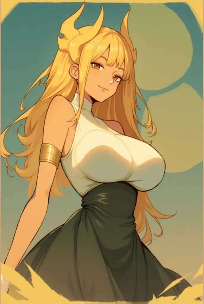 big breasted blonde woman with ringlets hair style, smiling, dark skin, wearing a sun dress