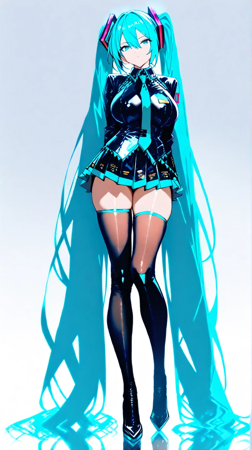 realistic, from below, 1girl, full body, long hair, blue hair, blue eyes, glowing eyes, thigh boots, military uniform skirt, parted lips, FFA, leg up