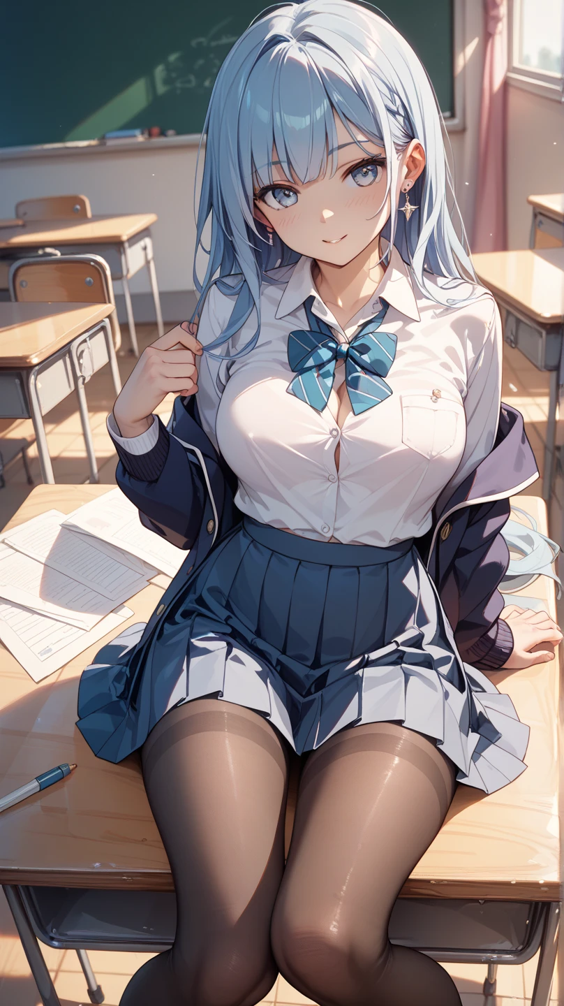 top-quality、supreme1People Girls,hightquality,A detailed face、A detailed eye、Detailed nose、Detailed mouth、 Beautiful expression, ((masuter piece)), ((High resolution)), ((Best Quality)), detail, (NSFW ,cum faced、Excited face.Very happy,), ((Lustrous skin)), (shool uniform:1.3)、 girl with, lightblue hair, (Straight、Bangs Patsun)、Sit with your legs open:1.5、fair white skin:1.3、、Colossal tits, cinmatic lighting, perfectly shaded,(((Classroom))), Realistic lighting with shades,