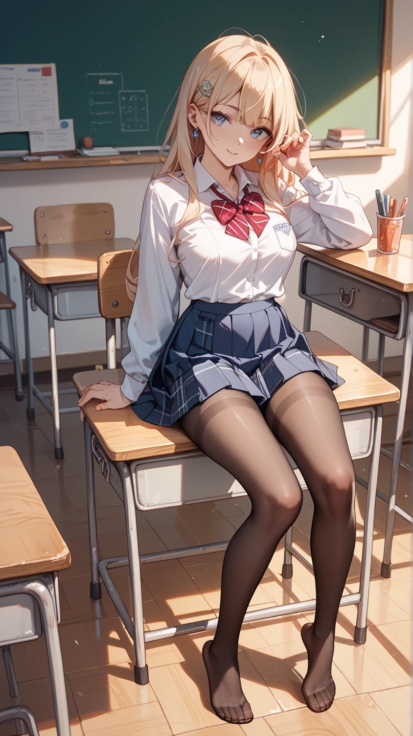 anime, beautiful face, highly detailed face, 2 accurate legs detailed eyes, highly detailed background, perfect lighting, accurate arms, accurate hands, accurate fingers, full body, 1girl, solo, ruby hoshino, oshi no ko, indoors, detailed heels, detailed thighhighs, absurdres, high res, ultrasharp, 8K, masterpiece, looking at viewer, elegant pose, (full body:1.4), in a school, in a classroom, sitting on a chair, schoolgirl uniform, school skirt, cleavage, school tie