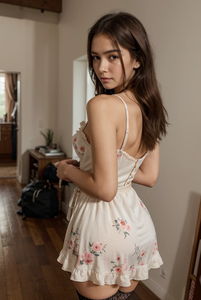 A cute girl, perfect face, bueatifull ((14 years old girl)) 14 years old girl, skinny body, slim body, white skin, masterpiece, textured skin, super detail, high details, high quality, 8k, ((looking a side)) the portrait of a stunning 14-year-old girl adorned in a stylish dress, a vision of youthful elegance and grace.

Her slender silhouette is draped in a dress that exudes sophistication and charm, tailored to perfection to accentuate her youthful curves. Perhaps it's a flowing sundress in a vibrant floral pattern, the colors dancing playfully against the backdrop of her radiant smile. Or maybe it's a chic A-line dress, cinched at the waist to highlight her natural beauty and grace.

Every stitch of fabric whispers tales of fashion and flair, a testament to her keen eye for style and her innate sense of self-expression. Paired with dainty accessories and subtle touches of makeup, her ensemble is a work of art, a reflection of her unique personality and taste.

As she moves with a gentle sway, her presence commands attention, drawing gazes with an air of effortless confidence and grace. Her eyes, pools of endless depth and curiosity, sparkle with the promise of adventure and discovery.

In her, there is a symphony of dreams waiting to unfold, a world of possibilities stretching out before her like an endless horizon. She is not just a girl in a stylish dress but a vision of beauty, a reminder of the magic that exists in every moment of youth and innocence.






