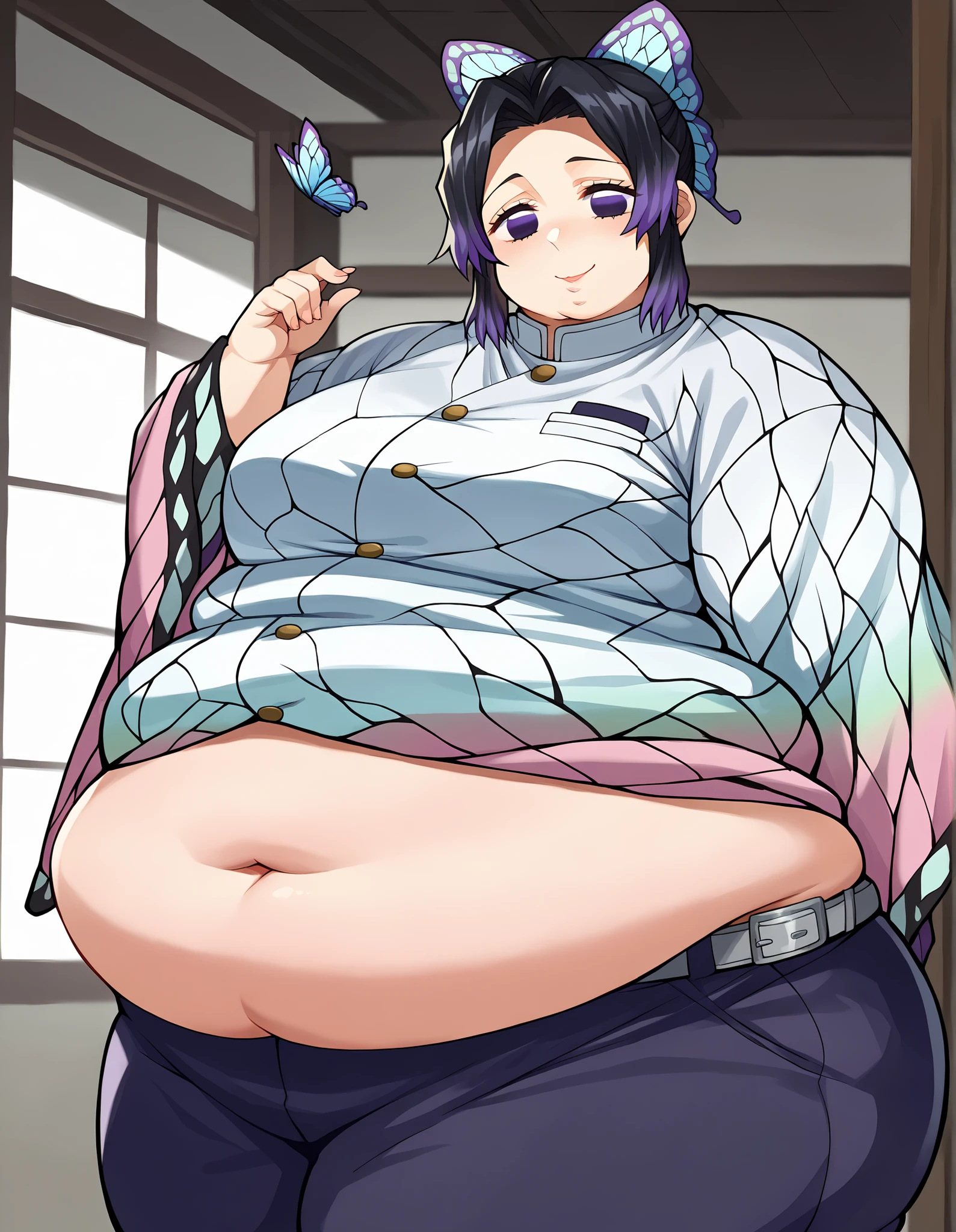 Chubby body, anime girl, blue hair, big thighs, tall, fat ass, giant fat breasts, tight and ripped clothes, eating and burping, looking at viewer, very wide hips, gamer girl, glasses, mini skirt, thigh socks, small shirt, weight gain.