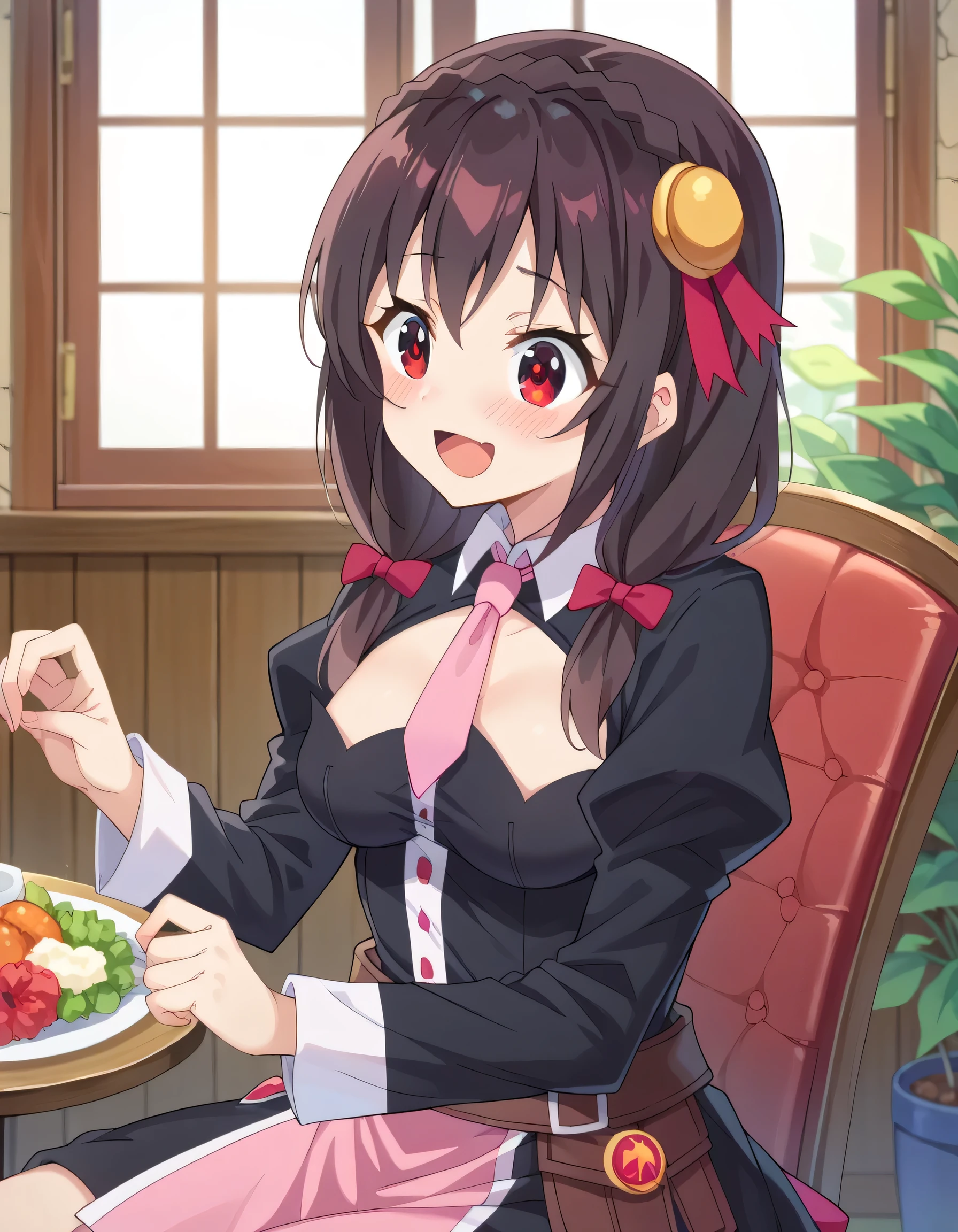 alone, One girl, Yunyun, (Embarrassed look:1.5)、 (blush:1.5)、Crown braids of the same color as your hair, Red Eyes、hair ornaments, Hair Ribbon, Pink tie, Long sleeve, Pink Skirt, Knee socks, Cleavage, Cafe、There is a large drink with two straws on the table.
