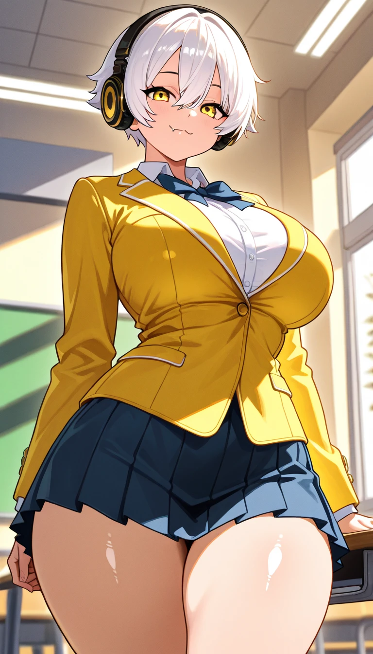 masterpiece, best quality,high resolution、realistic、Detailed、((extremely delicate and beautiful fabric):1.3)、 8k、large boob、 1girl, solo, skirt, jacket, shirt, blue eyes, white shirt, necktie, green necktie, black hair, pleated skirt, socks, diagonal-striped necktie, open jacket, open clothes, striped necktie, collared shirt, black jacket, black skirt, striped, blazer, short hair, long sleeves, bangs, , black socks, diagonal stripes, hairband, hair ribbon, ribbon, blue hairband, dress shirt, bow, cowboy shot, smile,cleavage、