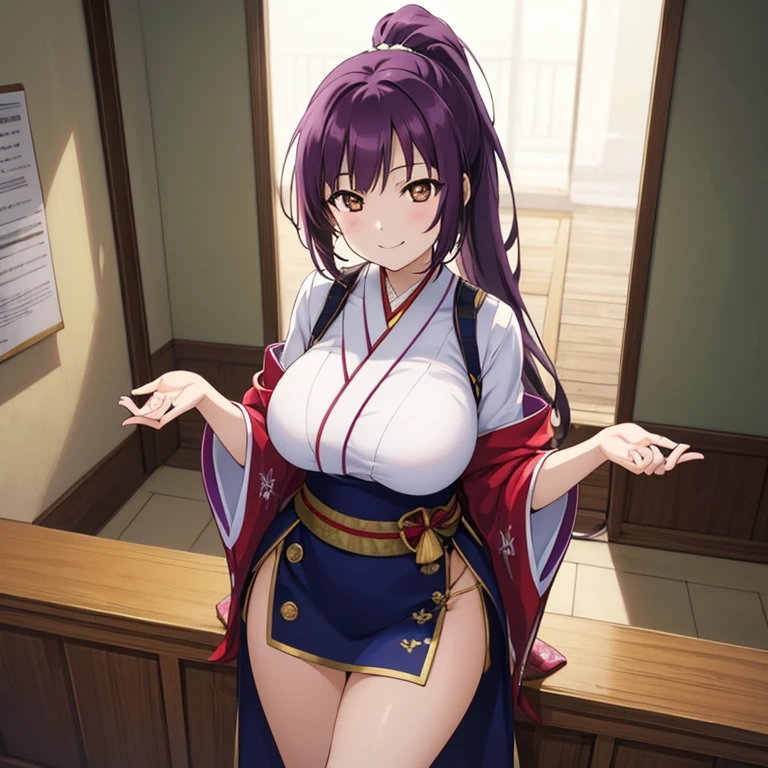 masterpiece, best quality, beautiful art, high resolution, well formed hands, body and fingers, 1 woman, solo, Ami Tsuruga, red makeup, red lipstick,adult, grown up, cosplaying as Mai Shiranui , mai_shiranui_cosplay, adult, large and round breasted, cleavage, full body , hair ribbon, gorgeous legs and, thighs, sexy Japanese clothes, hair ornament , sexy legs , hips and thighs, dancing seductively and erotically, turning backwards and forwards, showing her back and front, shaking her body alluringly, red t back thong, smiling joyfully, sweating ,looking at the viewer, bouncing breasts, sweating, flirting, biting her lips, beach environment