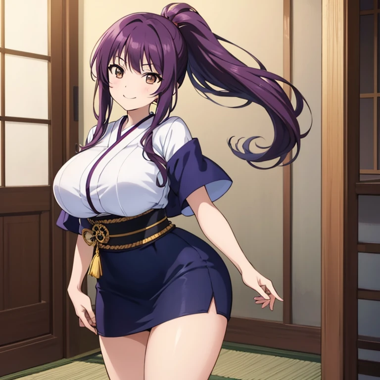 masterpiece, best quality, beautiful art, high resolution, well formed hands, body and fingers, 1 woman, solo,Kaoru  Tanamachi, 31 years old, hair ornament,  adult, grown up, big breasted, cleavage,  full body, braided long hair, blue_japanese_clothes, wearing DOA Kasumi's blue kunoichi dress, sexy and skimpy japanese clothes, kimono peek, sleeveless, panties peek, white stockings, gorgeous legs and thighs, dancing seductively and erotically, turning backwards and forwards, shaking her body alluringly , sweating , bouncing breasts, smiling joyfully, looking at the viewer, flirting, beach environment 