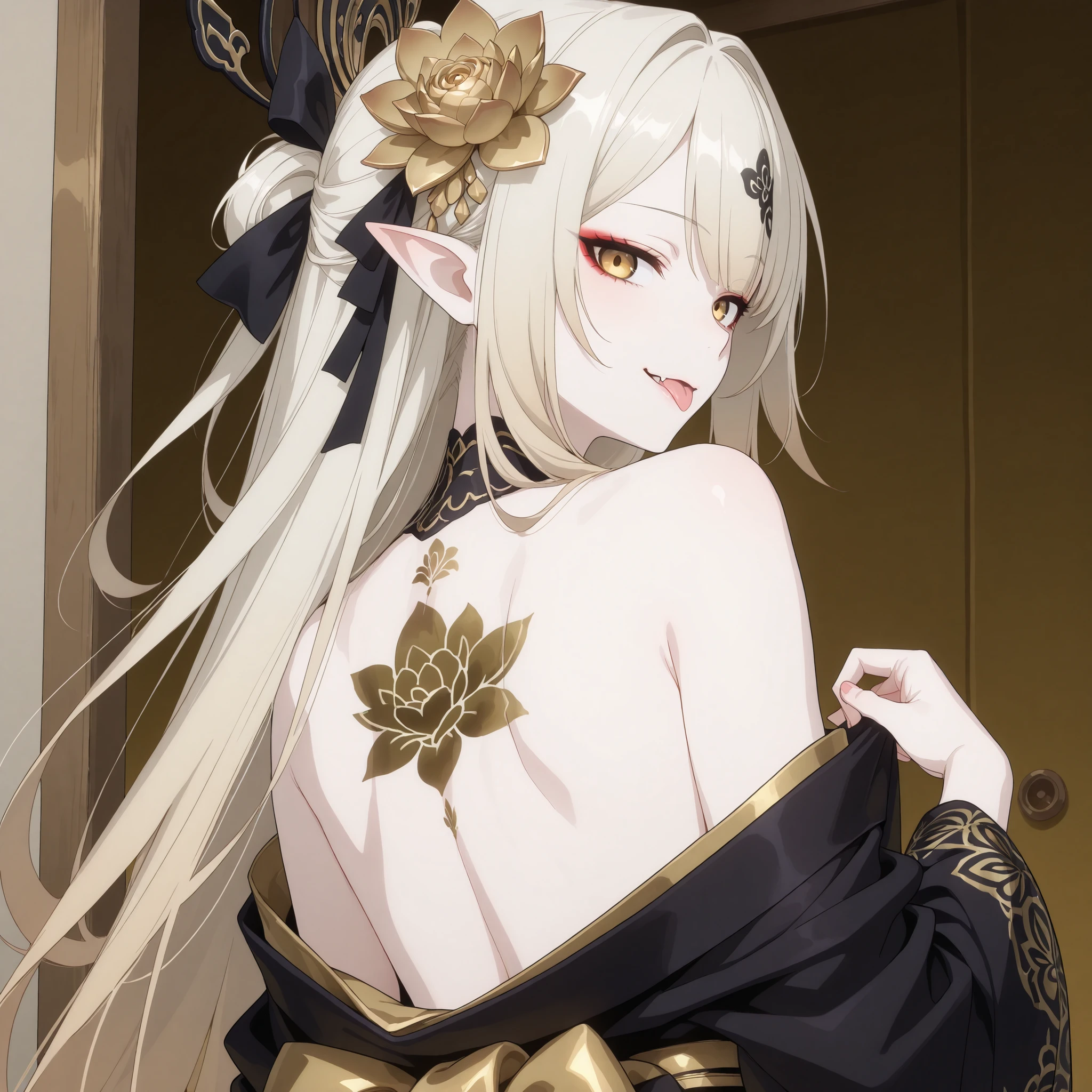 pale-blonde hair, Beautiful, Long Hair, (Rose gradient on hair), Golden Eyes with purple shade, black and gold kimono, cheeky, hair ribbon, alluring, fang, cunning, sly , sexy expression, Kitsune make-up, mature, eyeliner, pale hair, looking back, exposed back kimono, (Lotus flowertattoo on back), flowy hair, standing, pale skin, lotus flower, yokai, pointy ears, lotus flower on hair, tongue out