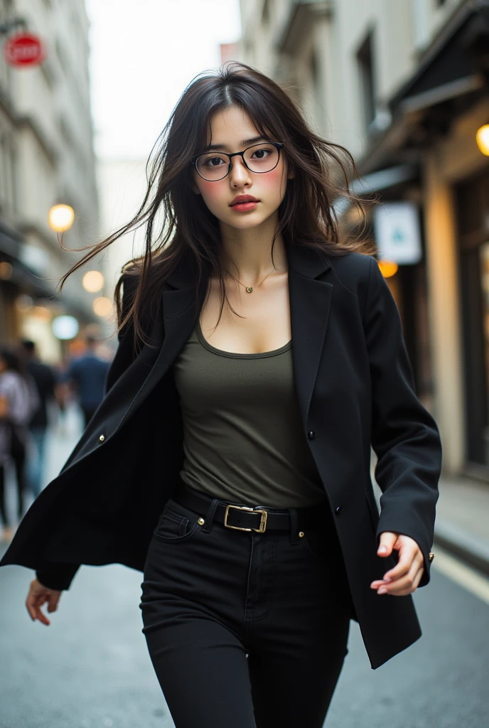 Girl wearing black shirt, she wearing black glasses