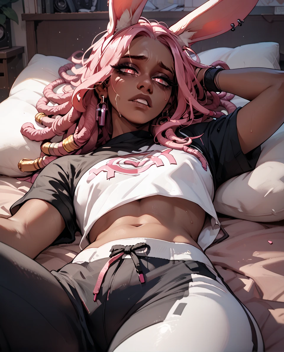 Best quality, highly detailed, ultra detailed, dynamic lighting, tan brown skin femboy, male chest, slim curvy body, pink hair, dreadlocks, long pink dreadlocks, pink dreadlocks, dark brown eyes, nails, lipgloss, goth, wearing shorts, pink crop top, big butt, angry face, bored, Borden, laying in bed, luxury bedroom
