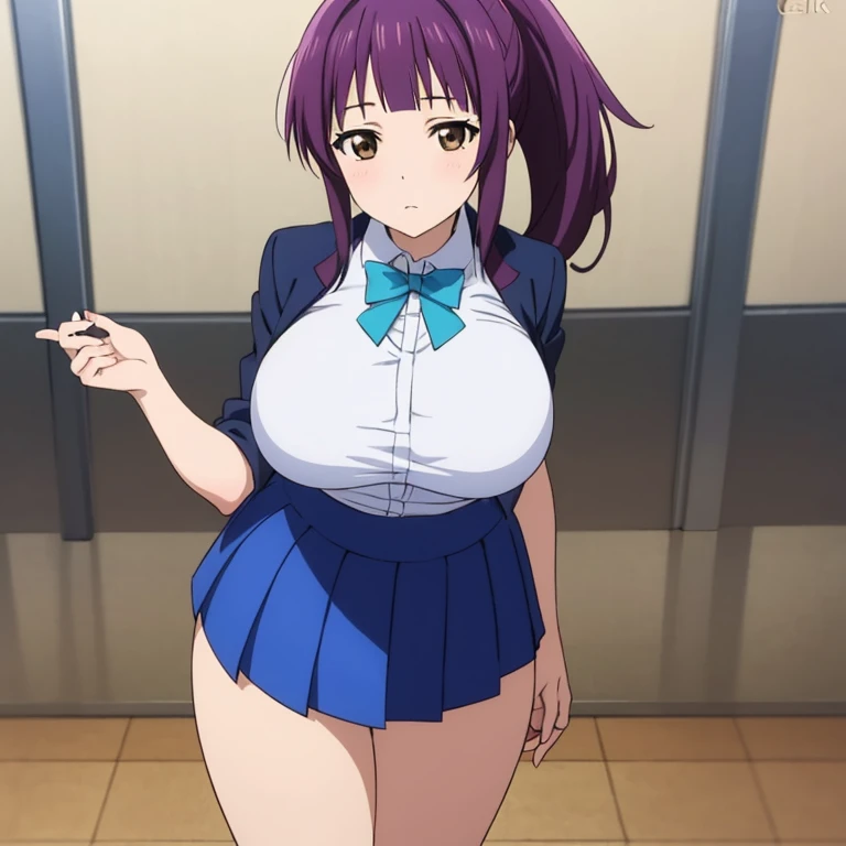 Chubby, cleavage, 2d, masterpiece, best quality, anime, highly detailed, cowboy shot, 1girl, solo, yuri, purple eyes, purple hair, long hair, hairclip, [[large breasts]], school uniform, blazer, brown sweater, collared shirt, neck ribbon, blue skirt, standing, own hands together, expressionless, classroom 