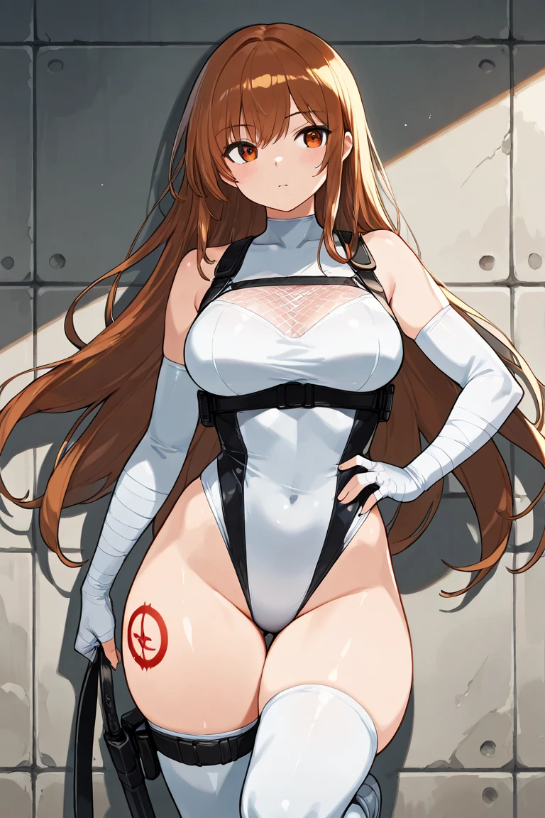 shizuri1, 1girl, solo, brown hair, long hair, brown eyes, blush, lipstick, fur trim, mature female, gloves, masterpiece, best quality, highly detailed, breasts, nude, thighs, spread legs, nipples, parted lips, ,pose , evil smile, smile, (nsfw) not safe for work, lipstick ,open robe, robe, pussy, hold a handgun, bedroom, standing,navel piercing