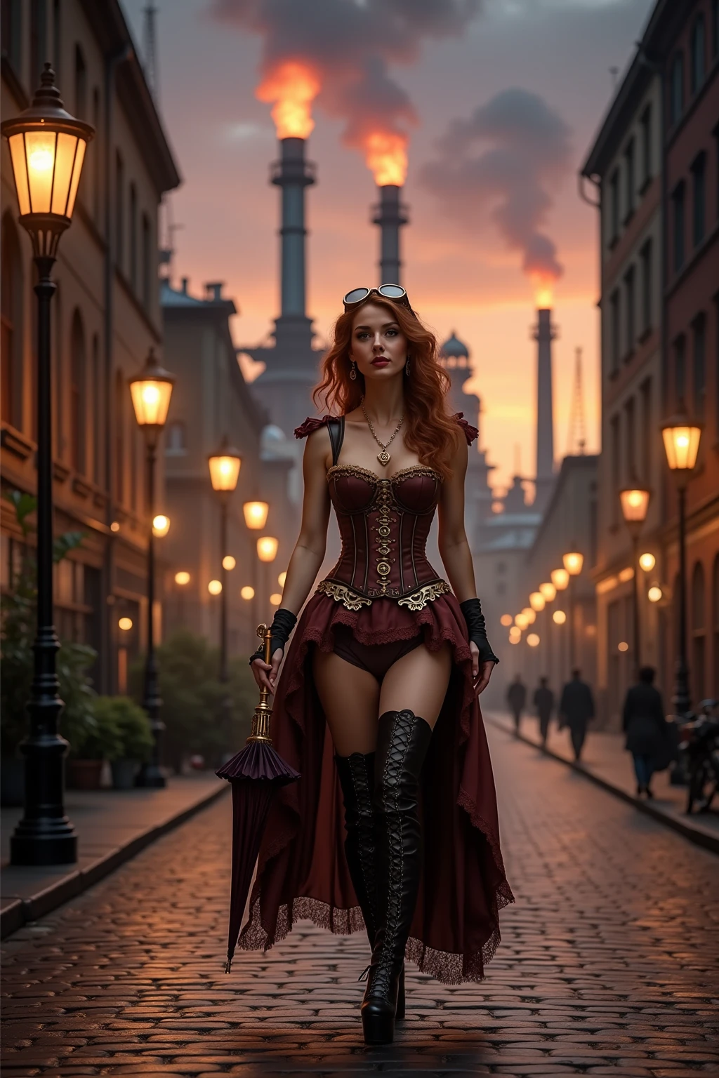 street, Detailed steampunk dress, Cinematic photos, One Woman,  Beautiful Face、Red hair、