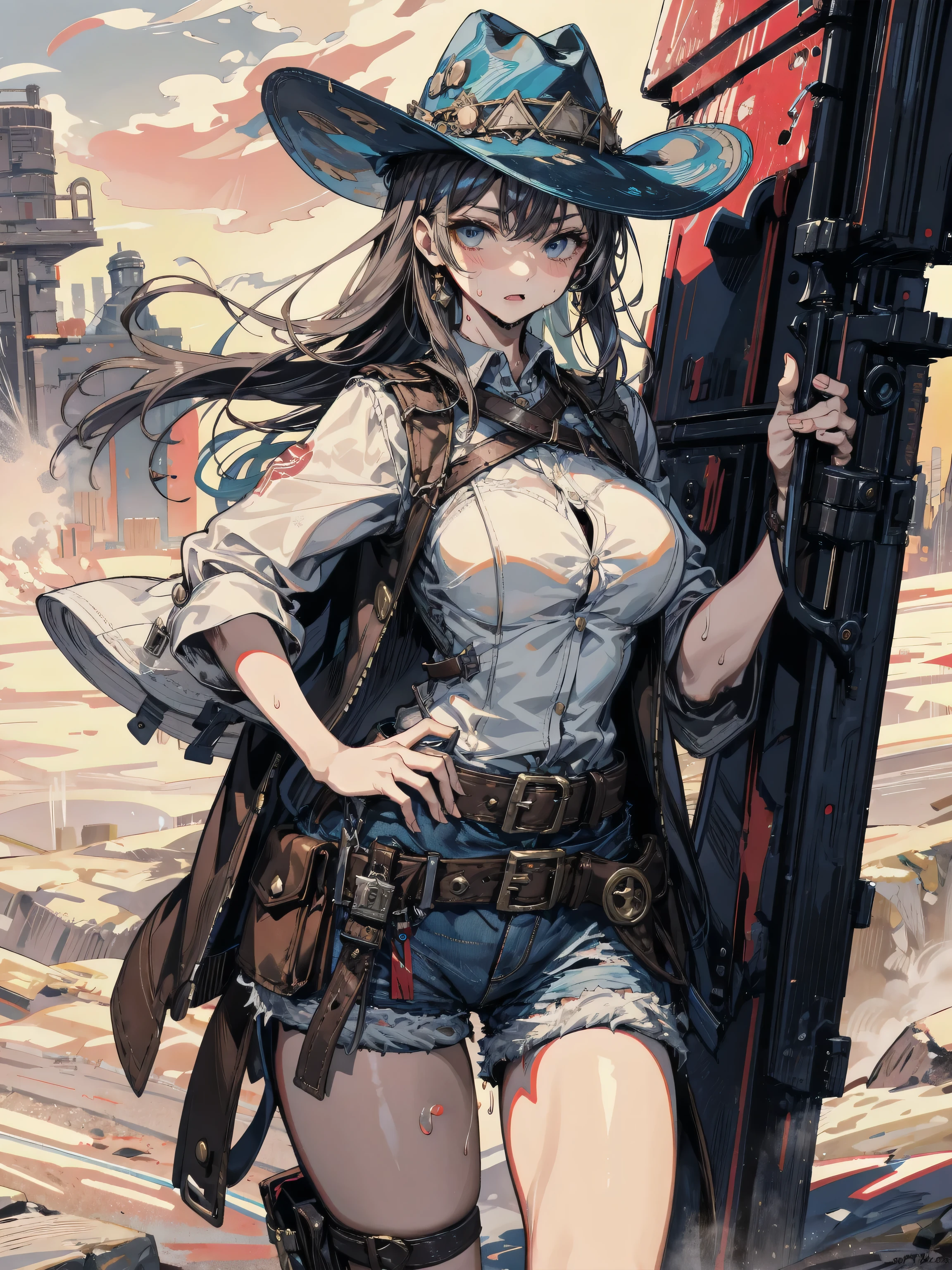 ((top quality)),(超A high resolution),(super detailed),(detailed description),((best anime)),(best work of art),super precision art,amazing art of depiction,Overwhelming descriptive power:1.5, top quality action movies:1.5, gun action:1.5, (Multiple adult women:1.5),body covered in mud and dust:1.6,income,1 girl、cleavage、smile、beautiful eyes