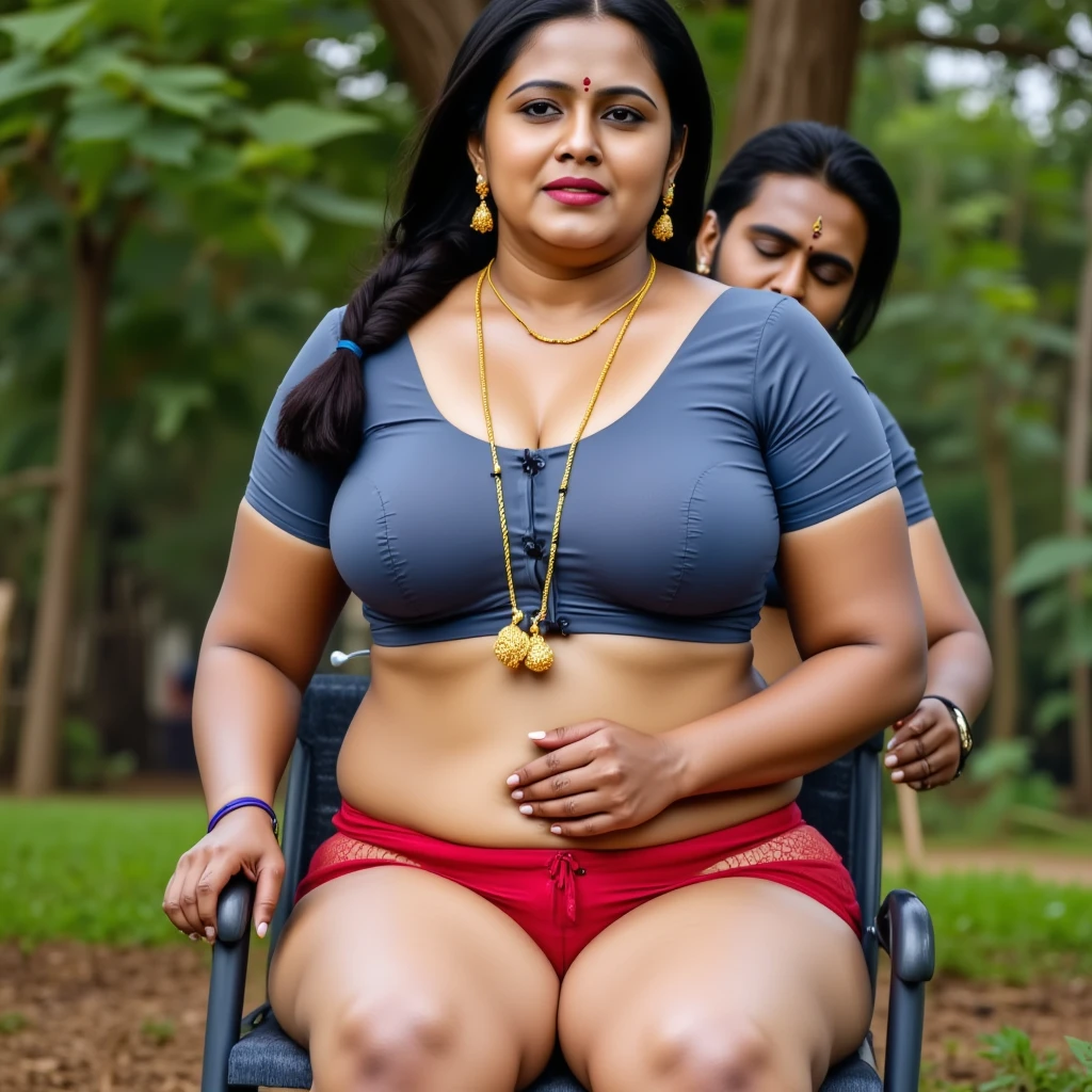 Sexy Indian aunty bangali actress monalisa sitting on swing, fatty thighs, fatty body chubby body type big fat body, bbw women, wearing red panty,blue long dress ,pink top,bbw,,big size body, spreding legs,clothes colour is red