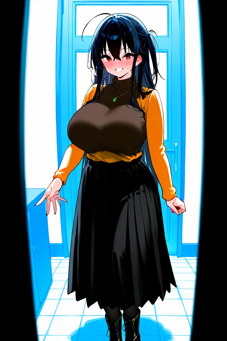 girl, Futaba, white socks, no shoes, full body pov, teasing hips posing, fetish, standing at doorframe for a seductive pose, exhilarating bulge, thicc thighs, [ k digital art ], anime artstyle, bright sun, oily shiny skin, short hair, succulent girl figure, enhanced penis gland, a fit seductive horny dickgirl, navel, underboobs, large veiny see through clothed erection, expressive eyes, perfect face, masterpiece, ultra details, hdr, best quality