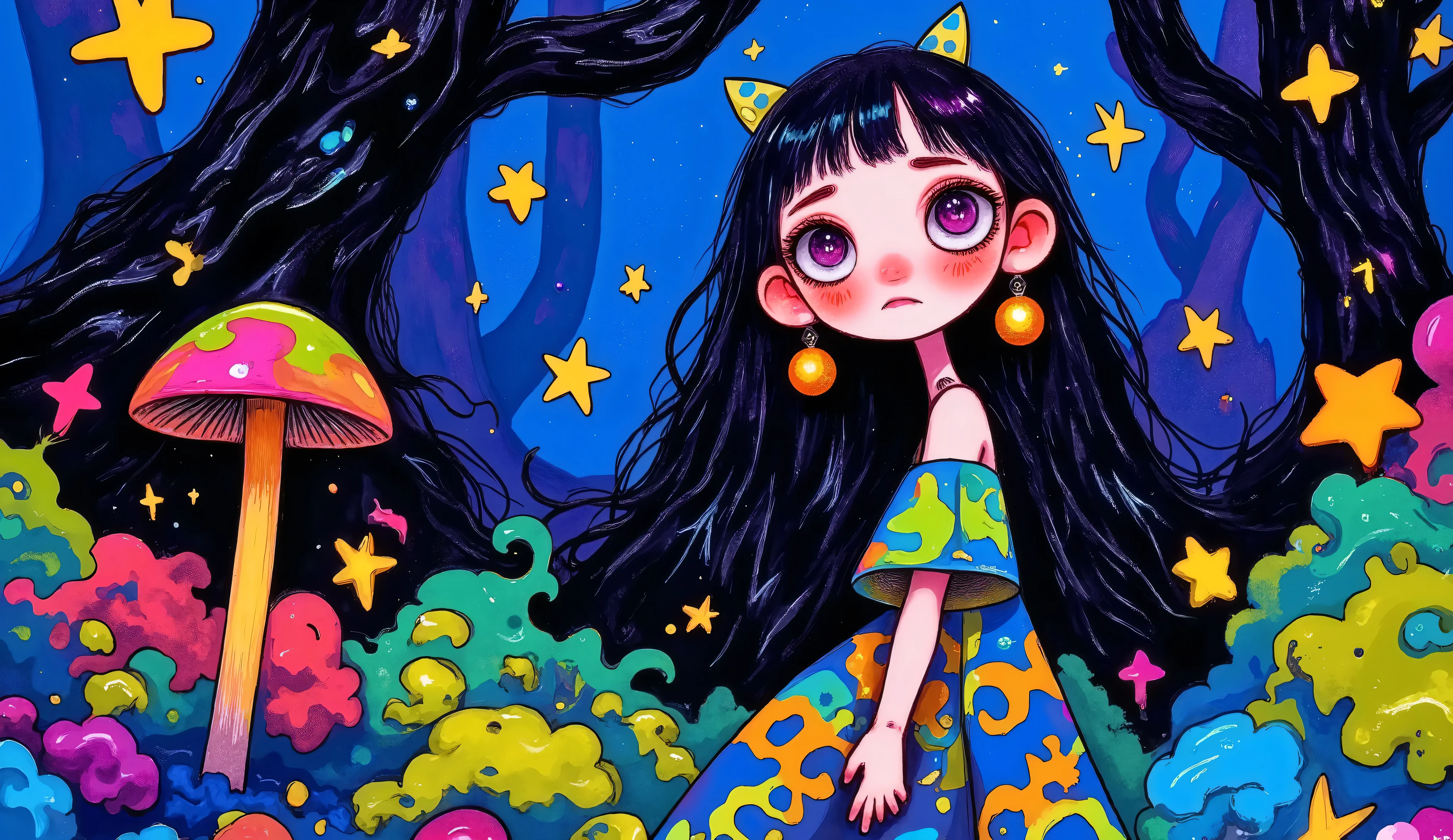 Imagine a bioluminescent forest where the trees are giant, sentient mushrooms, and a mysterious woman with long, flowing hair made of woven vines wanders through the undergrowth. Her gown is crafted from moss and glowing spores, and she carries a staff topped with a pulsating crystal. The scene is bathed in ethereal light, creating a sense of wonder and enchantment. Hyper-realistic, with a touch of fantasy art, reminiscent of Alphonse Mucha.