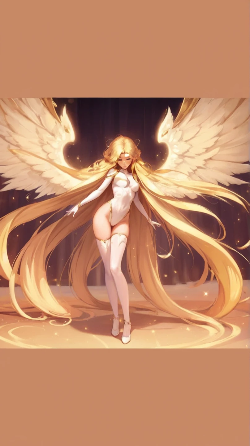 Cupid. Angel wings. Beautiful. Young woman. Blonde hair tied into a ponytail which hangs down her back. White colored halo. 6 feet tall. Skin tight white leotard with a red heart at the center of her chest. Golden eyes.