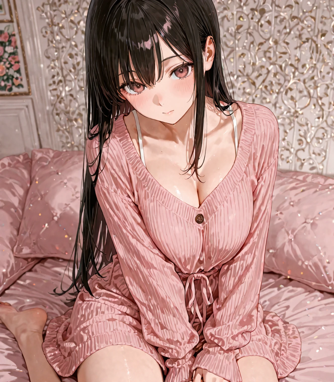 (best quality:1.1), (Masterpiece:1.2), lady, long hair, black hair, Hair bow, ถักเปีย, pink eyes, ((beautiful breasts:1.3)), beautiful, cute, Bright face, Good mood, ((pajamas dress)), ((very wet)), ปากอมชมพู, ยิ้ม, ((bedroom)), ((sfw)), เย้ายวน, collarbone, ((Highest quality, Best Performance, Maximum details, Light and shadow details:1.2, 4k details))