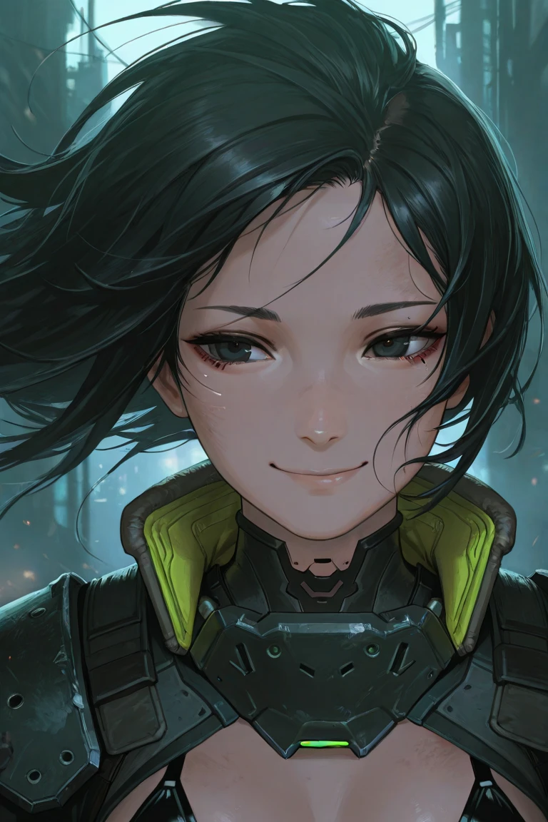 One girl、alone、Anime-style paintings、Sparkling Blue Eyes、Black Hair、ponytail、armor、Blue bodysuit、Upper body close-up、Wicked Smile