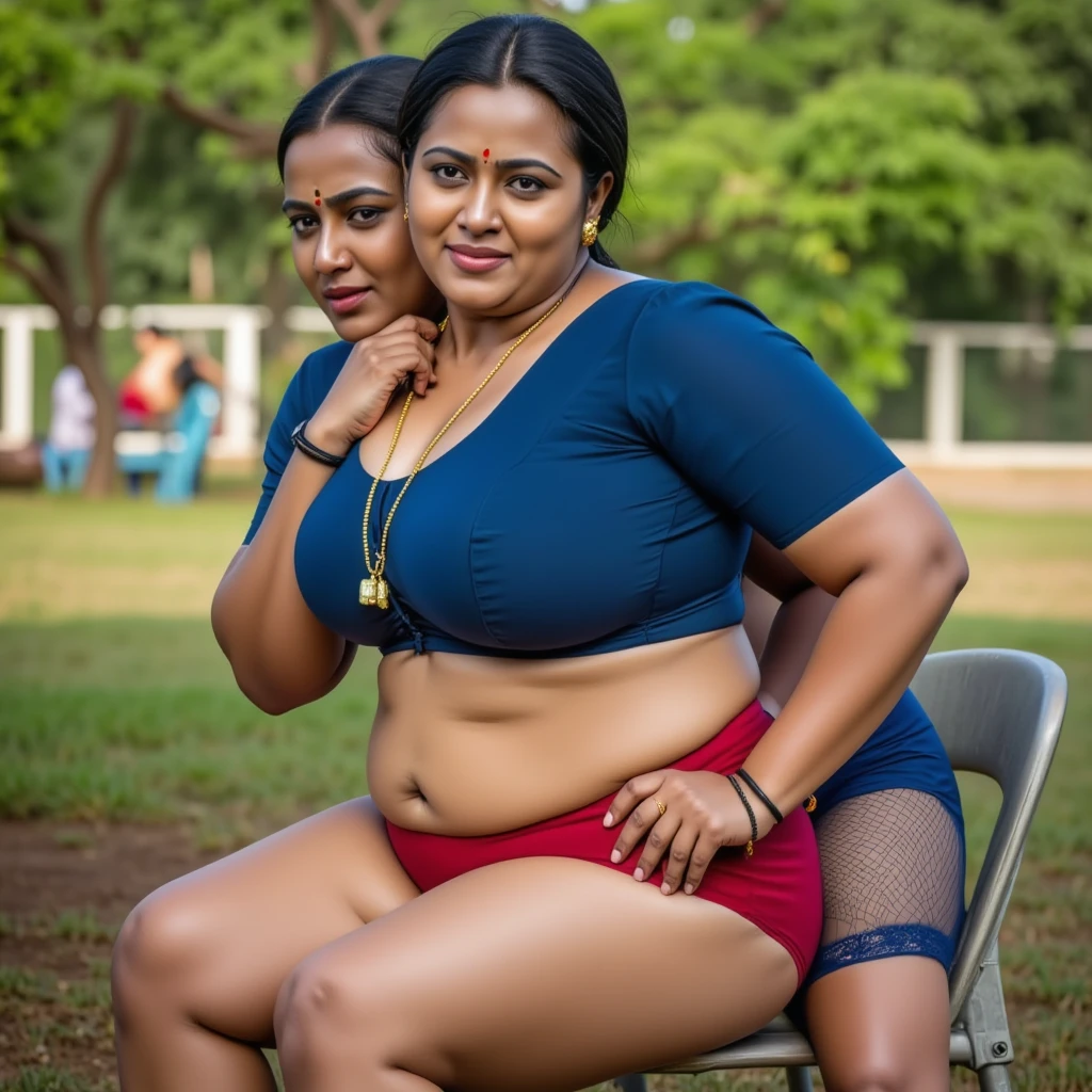 A radiant, full-figured South Indian 45 year old bride wearing a blue colour silk party saree (breasts and belly button visible) tenderly sitting in the lap of a jubilant 55-year-old man while in party hall, captured in a full-body image with vibrant hues and meticulous details. Belly button visible . Other people cheering. Full body image