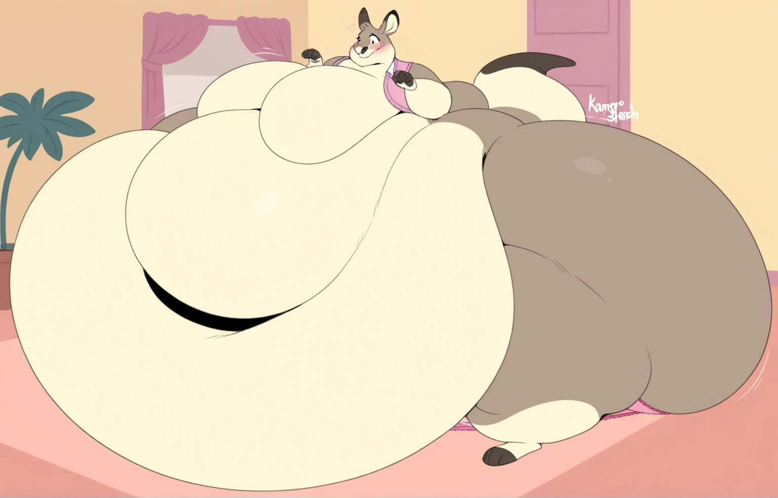 Wolf, female, long hair, morbidly onese,fat arms, fat legs, belly rolls,blue fur,light blue stripes,fluffy tail ,