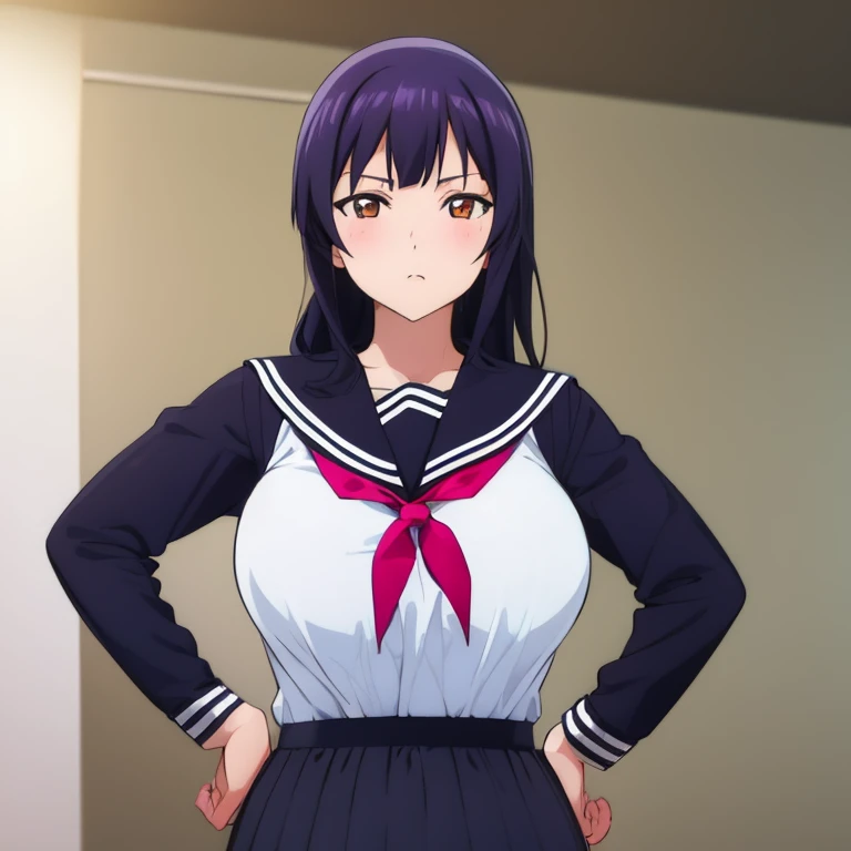 (((Pixel Perfect, Perfect detail))), ((alone, 1 girl)), Rikka, blue eyes, black hair, long hair, bangs, hair between eyes, wrist scrunchie, black skirt, , white cardigan, pleated skirt, long sleeves, orange scrunchie, bowtie, white shirt, red socks, red bowtie, sweater, miniskirt, collared shirt, ((cleavage)), ((cleavage)), (showing panties:1.3), ((showing panties)), upper body, indoor