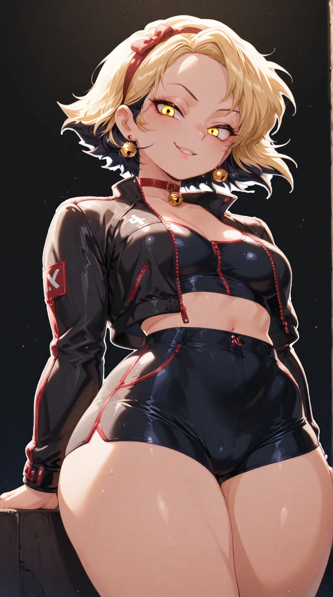 full body,1 girl,(cute:1.3),short red Hair, left eye blue, right eye yellow, tan skin, freckles,{stylish and edgy outfit, techwear,chest harness, O ring choker, oversized jacket, Glossy, shiny material, cute pose