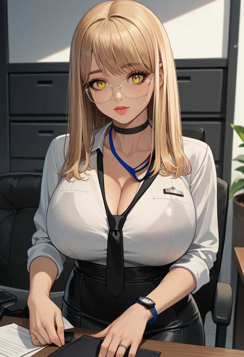 girl sitting in a business meeting, round table, office building, trading chart in the background, black glasses, pouty lips, sydney sweeney, realistic, beautiful, scenery, dynamic light, sharp focus, bright pupils, white shirt, papers on the table, illustration