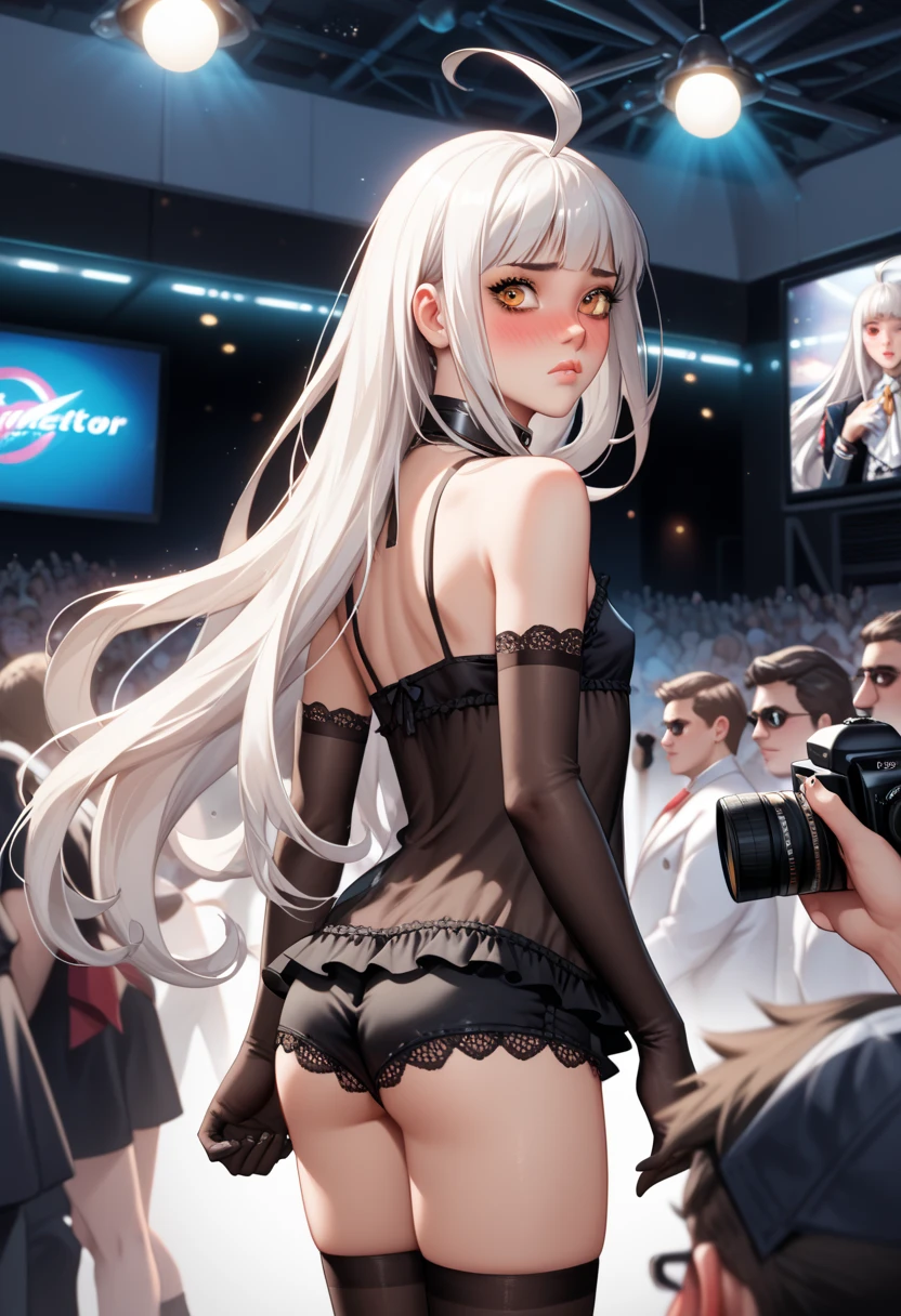 1girl, beautiful lady holding a sword, tall, adult, high resolution (4k, 8K), white hair, full lips, dark brown eyeshadow, dark eyeliner, slender body, paltry chest, pouting expression, extremely long hair, ((stern expression, handsome facial features, pronounced nose, western features)), ((extremely long ahoge, stylish cowlick)), amber eyes, Super-Resolution, detailed scenario, shiny skin, black regalia, tiny black boyshorts, long gloves, black high boots, black ruffled babydoll lingerie, collar with insignia, ascot, amber accents, crowd, ((group of photographers, surrounded by cameramen)), cameras, ((flash photography)), indoors, convention center, booths, overhead lights, ((shy, full face blush, covering self))
