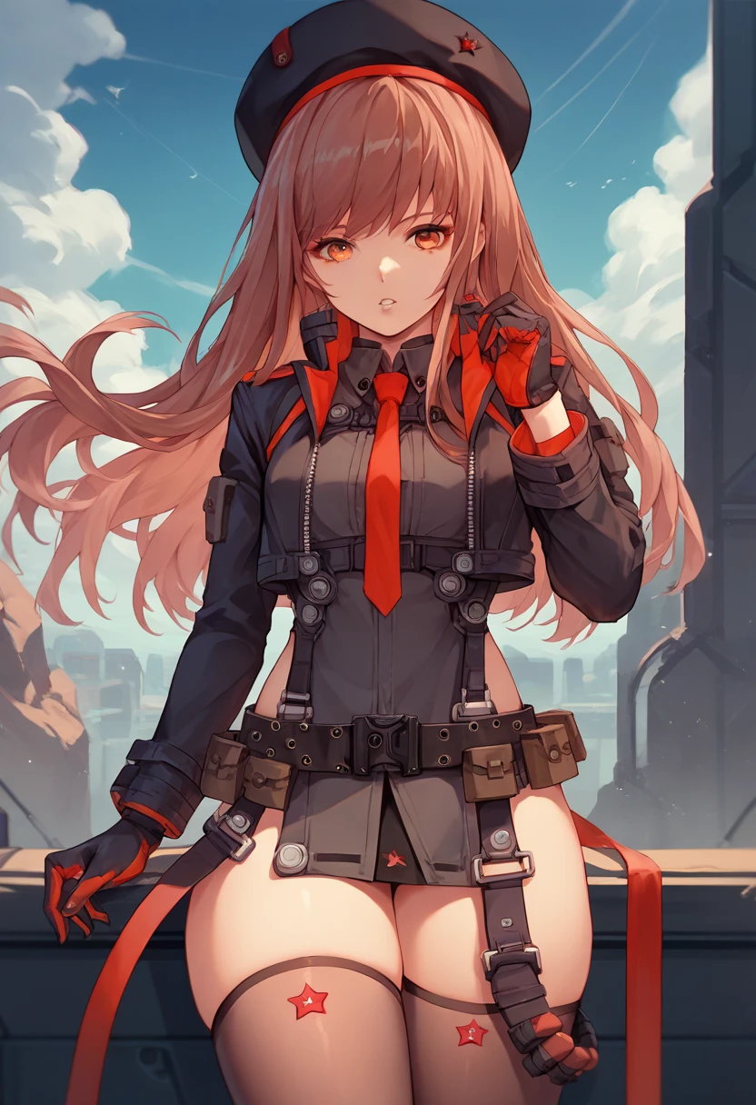 masterpiece, best quality, 8k wallpaper, 1 girl, (full body),skinny, brown hair, brown eyes, red hair ribbon, amber\(genshin impact\),small breasts, (robot body:1.25),looking at viewer, backlighting, soft light, post-apocalypse,<lora:amberGenshinImpact_flexibleV1:1>
