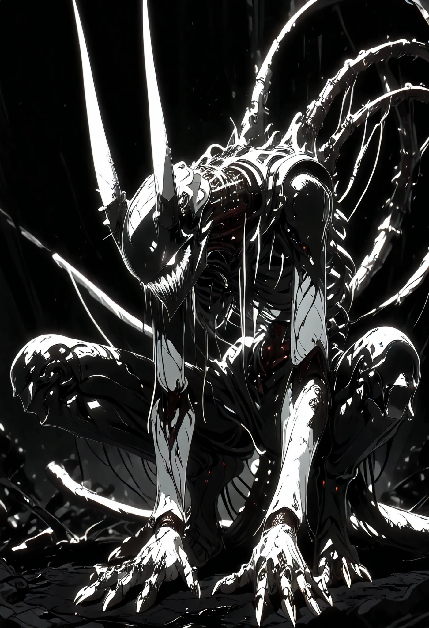 (masterpiece:1.2), best quality, masterpiece, highres, original, extremely detailed wallpaper, perfect lighting, biomechanical demonic creature , crouching, with long, thin limbs, curved and sharp horns , Long tail , threatening posture, metallic skeleton fused with flesh , sharp claws, (((black and white))), Alone, glare, Bright eyes that emit faint light in a dark environment , cables and technological components fused in its body , dark shadow, apocalyptic atmosphere, extreme details in the contrast between the organic and the mechanical, torn skin revealing metal underneath , dark background with flashes of chaos