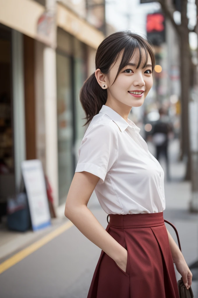 Masterpiece, high quality, high resolution, 8K, ((Skinny Japanese woman in a costume which consists of a short-sleeved white shirt and a light-brown long skirt)), beautiful face, natural makeup, detailed face, detailed eyes, a photo that feels endearing